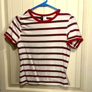 DIVIDED brand Women’s M tee with red, black, white stripes